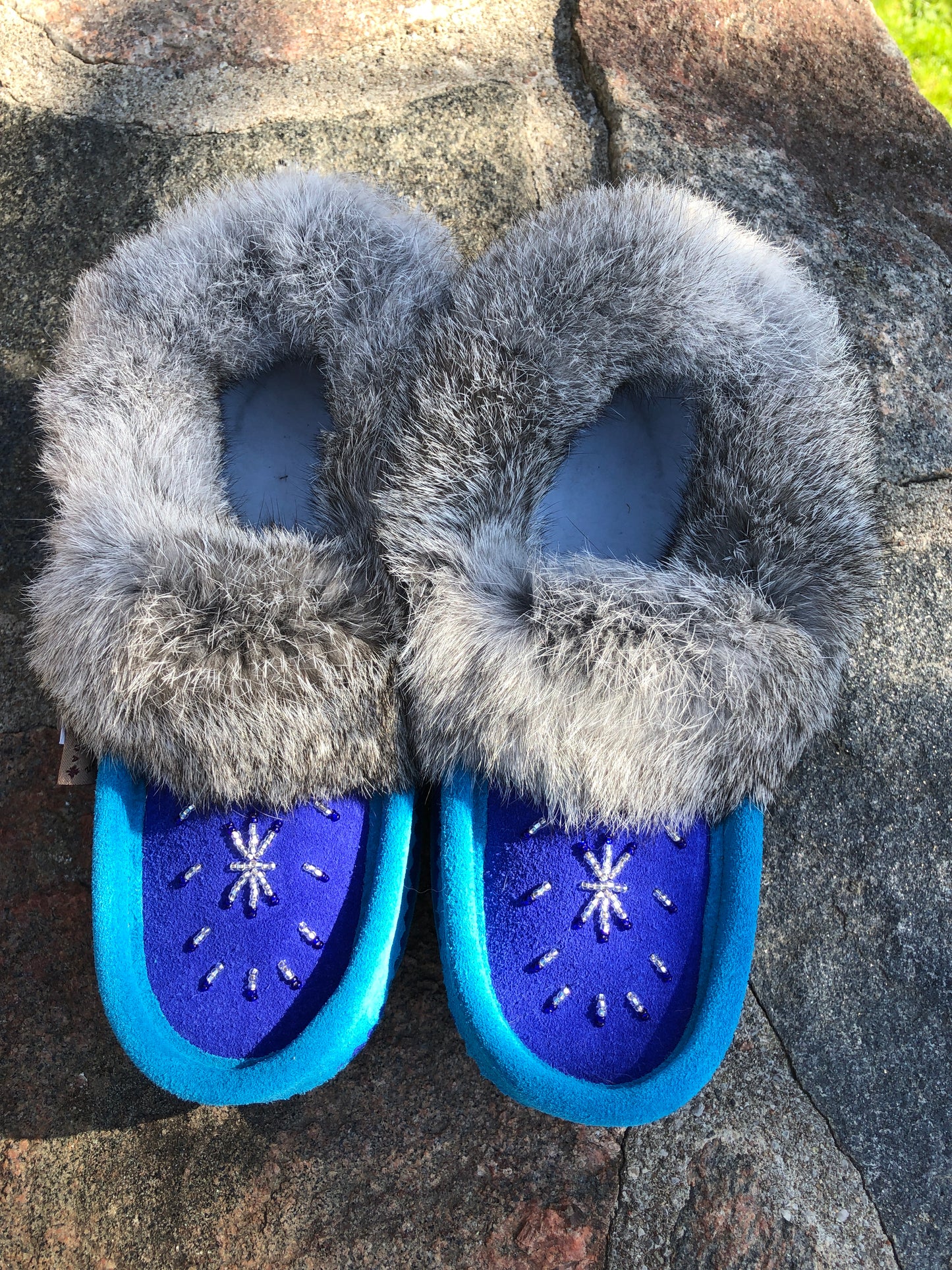 2-Tone Classic Rabbit Fur Moccasin Aqua/Royal Blue