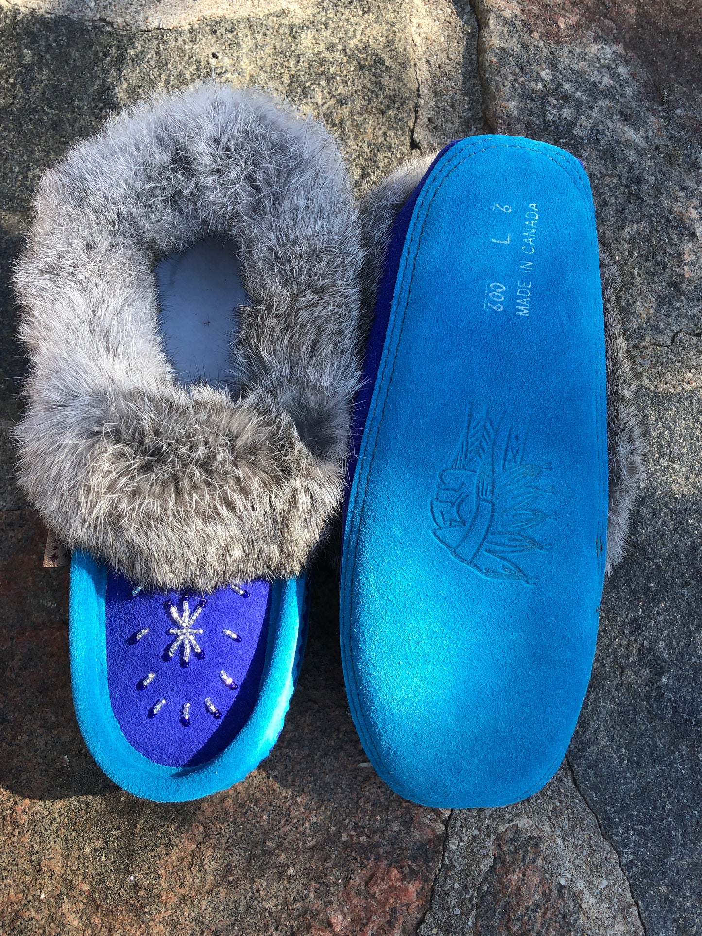 2-Tone Classic Rabbit Fur Moccasin Aqua/Royal Blue