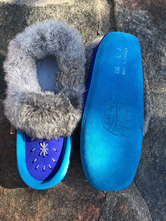 2-Tone Classic Rabbit Fur Moccasin Aqua/Royal Blue