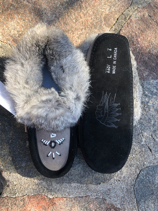 2-Tone Classic Rabbit Fur Moccasin, Grey/Black