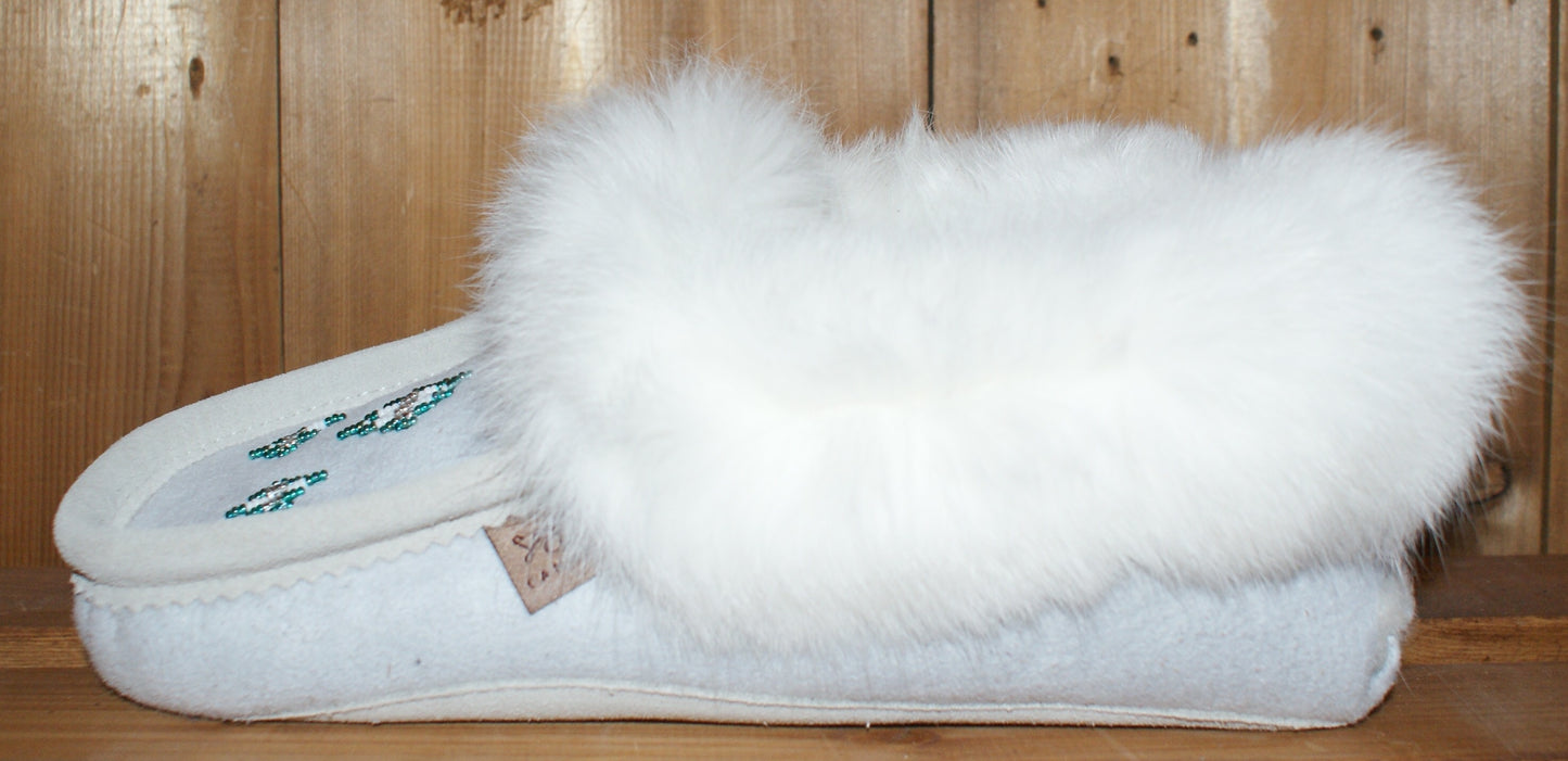 Sheepskin Slippers with Rabbit Fur Trim-White