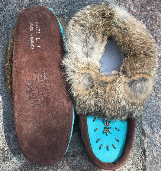 2-Tone Classic Fur Moccasins-Chocolate/Turquoise